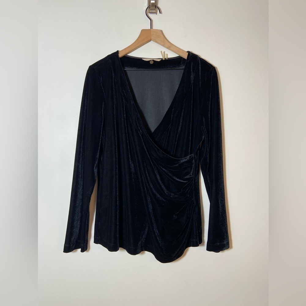 Soft Surroundings Black Velvet Deep V-Neck Top Blouse Sz L Long Sleeve